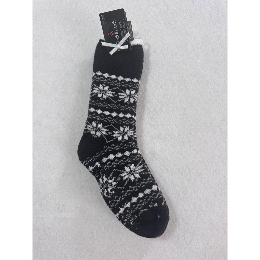 Cuddl Duds Women Black White Fair Isle Snowflake Plush Double Layer Lounge Socks